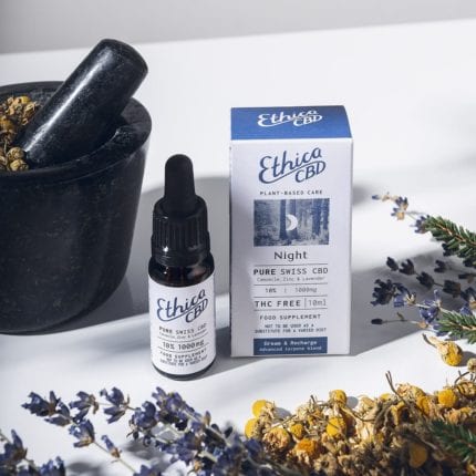 EthicaCBD Pure Swiss CBD Night with ingredients surrounding