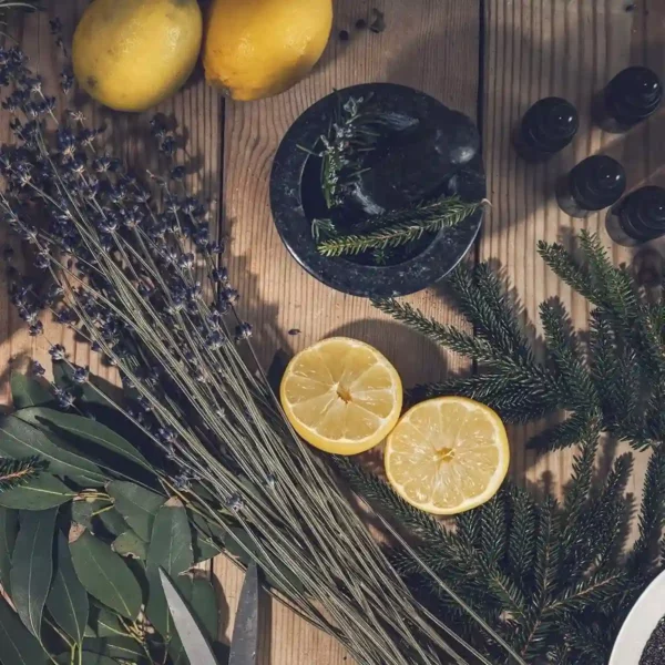 Citrus fruits and herbs on a table